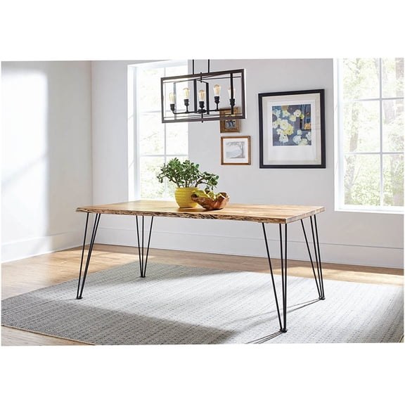 Live Edge Acacia Wood Dining Table, Natural Finish with Minimalist Metal Legs for Rustic Modern Dining Room