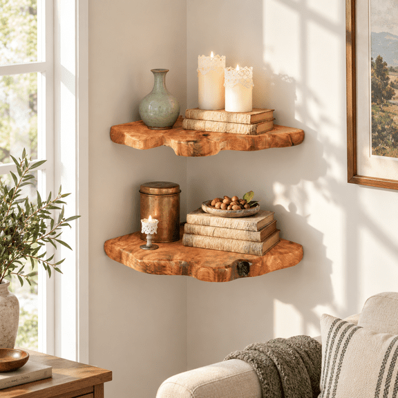 Live Edge Cedar Corner Floating Shelves, Set of 2, Rustic Solid Wood Wall Mounted Storage