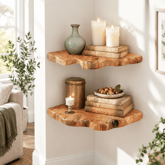 Live Edge Cedar Corner Floating Shelves Set of 2, Rustic Solid Wood Wall Mounted Storage