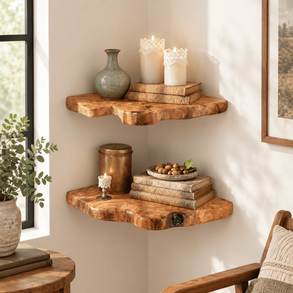 Live Edge Cedar Corner Floating Shelves Set of 2, Rustic Wood Wall Mounted Storage for Home Decor
