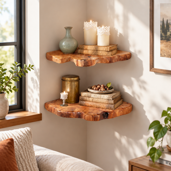 Live Edge Cedar Corner Floating Shelves Set of 2, Solid Wood Rustic Wall Storage