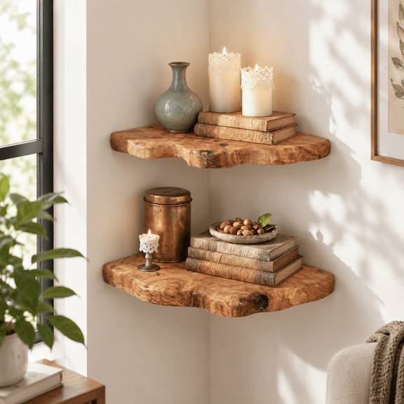 Live Edge Cedar Corner Floating Shelves Set of 2 for Rustic Home Decor
