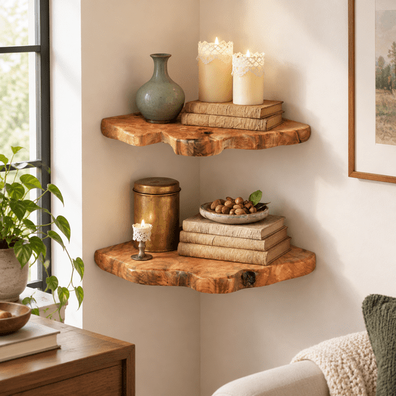 Live Edge Cedar Corner Floating Wall Shelves Set of 2 for Rustic Home Decor