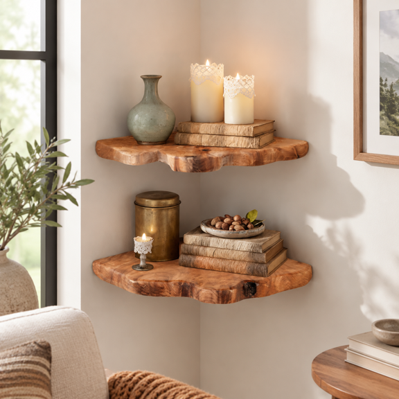 Live Edge Cedar Corner Shelves Set Of 2, Solid Wood Rustic Wall Storage