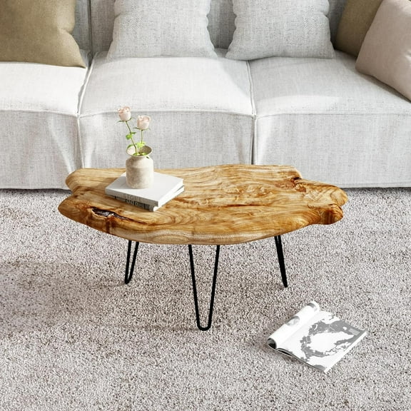 Live Edge Cedar Wood Coffee Table Metal Hairpin Legs 32.5" W x 17" D x 16" H for Living Room, Patio, Bedroom, Home Office