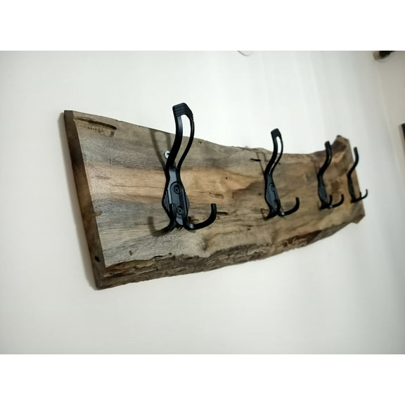 Live Edge Coat Rack Wall Mounted Coat Hanger from Walnut Olive Pine Rustic Coat Hook with Black Hooks (Walnut 32 Inch)