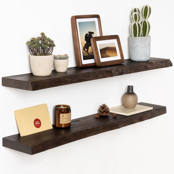 Live Edge Elm Wood Floating Shelves, 36 Inch Long Wall Shelves 2 Pack Shelf for Farmhouse Bedroom Bathroom Kitchen, Wall Mounted Wooden Shelf with Invisible Bracket for Books Decor, Walnut