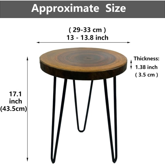 Live Edge End Table, About 13-13.8" W x 17" H Natural Edge Camphor Wood Stump Side Table for Living Room, Desktop with Metal Hairpin Legs, Natural Wood Nightstand, Plant Stand