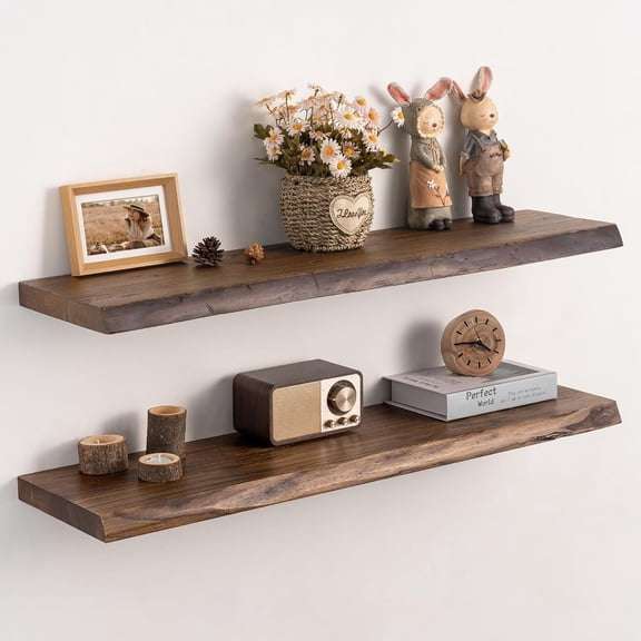 Live Edge Floating Shelves Set of 2, 36 Inch Solid Elm Wood Wall Shelves - Invisible Bracket Mount for Living Room, Bedroom, Kitchen, Bathroom | Vintage Rustic Decor