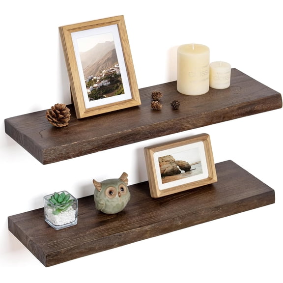 Live Edge Floating Shelves Set of 2 Walnut 24 Inch Solid Elm Wood Wall Mounted