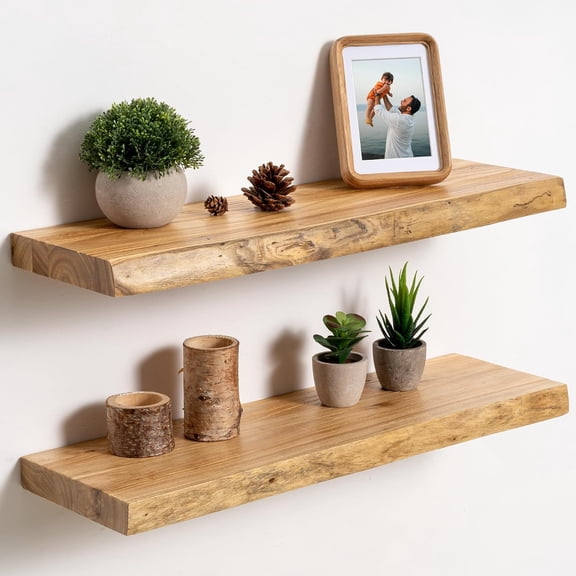 Live Edge Floating Shelves for Wall 24 inch, 8 Inch Deep Solid Elm Floating Wall Shelves - Rustic en Shelves with Invisible Brackets for Living Room Bedroom Kitchen, 2 Pack, Natural