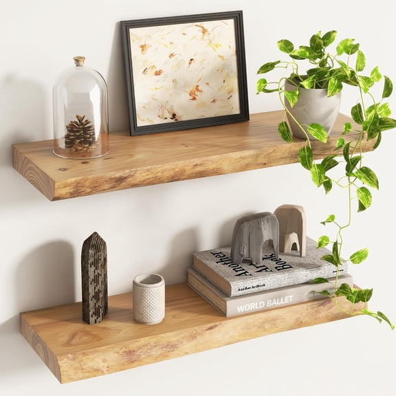 Live Edge Floating Shelves for Wall Decor, Solid Elm Wood Mounted, Rustic with Invisible Bracket Living Room Bathroom Bedroom Kitchen, 24 Inch Set of 2, Natural