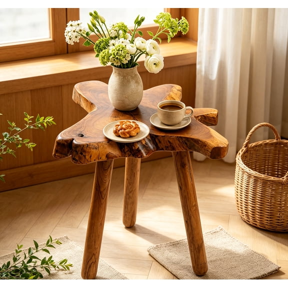 Live Edge Solid Wood Side Table Teak Finish, Tree Stump Style, Plant Stand, Accent Table for Living Room, Bedroom, Patio