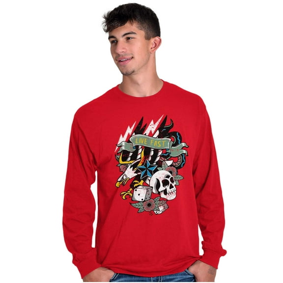 Live Fast Eagle Skull Dice Tattoo Plus Size Long Sleeve Graphic Tee Shirt Brisco Brands 3X