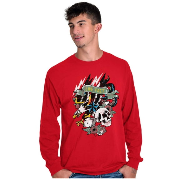 Live Fast Eagle Skull Dice Tattoo Plus Size Long Sleeve Graphic Tee Shirt Brisco Brands 3X