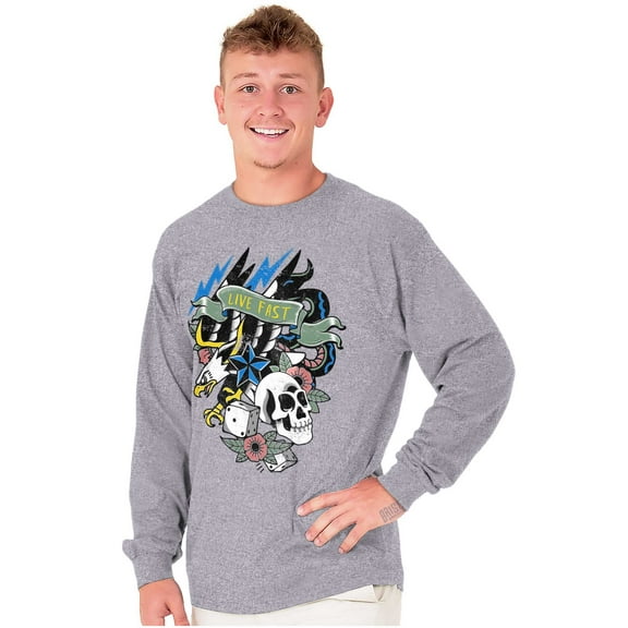 Live Fast Eagle Skull Dice Tattoo Plus Size Long Sleeve Graphic Tee Shirt Brisco Brands 3X