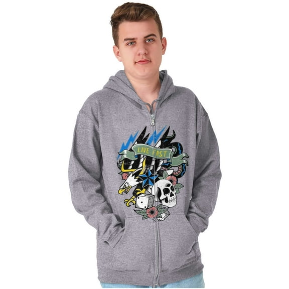 Live Fast Eagle Skull Dice Tattoo Unisex Fleece Graphic Zip Up Hoodie Brisco Brands 4X