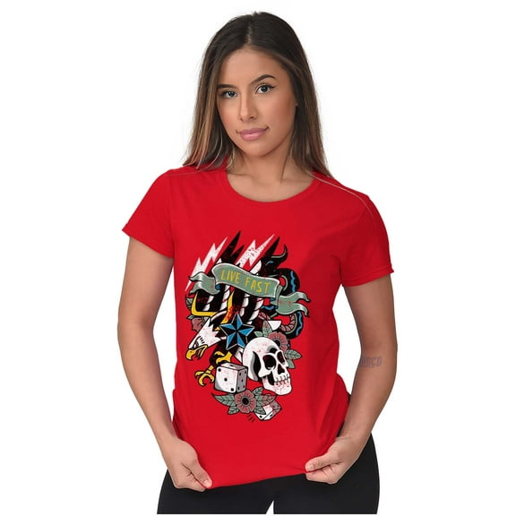 Live Fast Eagle Skull Dice Tattoo Womens Slim Fit Graphic Tee Brisco Brands S