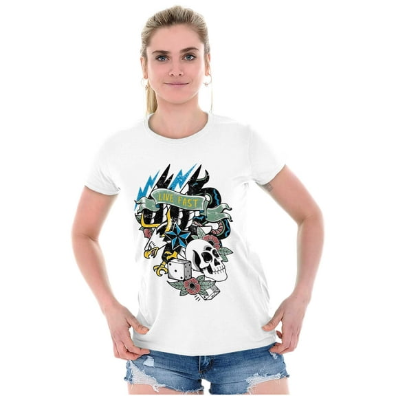 Live Fast Eagle Skull Dice Tattoo Womens Slim Fit Graphic Tee Brisco Brands S