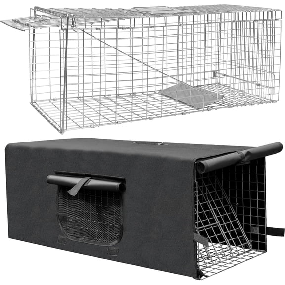 Live Feral Cat Trap Cage with Cover, Heavy Duty Folding Animal Traps Cage for Stray Cats, Humane Cat Trap for Raccoon, Squirrel, Skunk, Catch and Release - (32 x 10 x 12 inches)