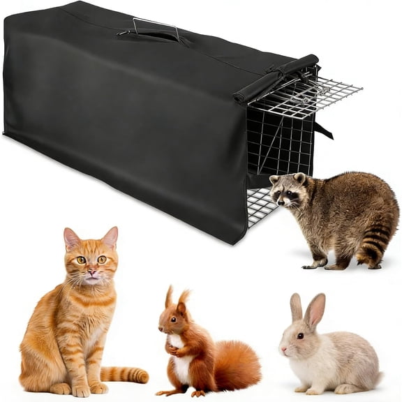 Live Feral Cat Trap Cage with Cover, Heavy Duty Folding Animal Traps Cage | for Stray Cats, Humane Cat Trap for Raccoon, Squirrel, Skunk, Catch and Release - (32 x 12 x 11 inches)