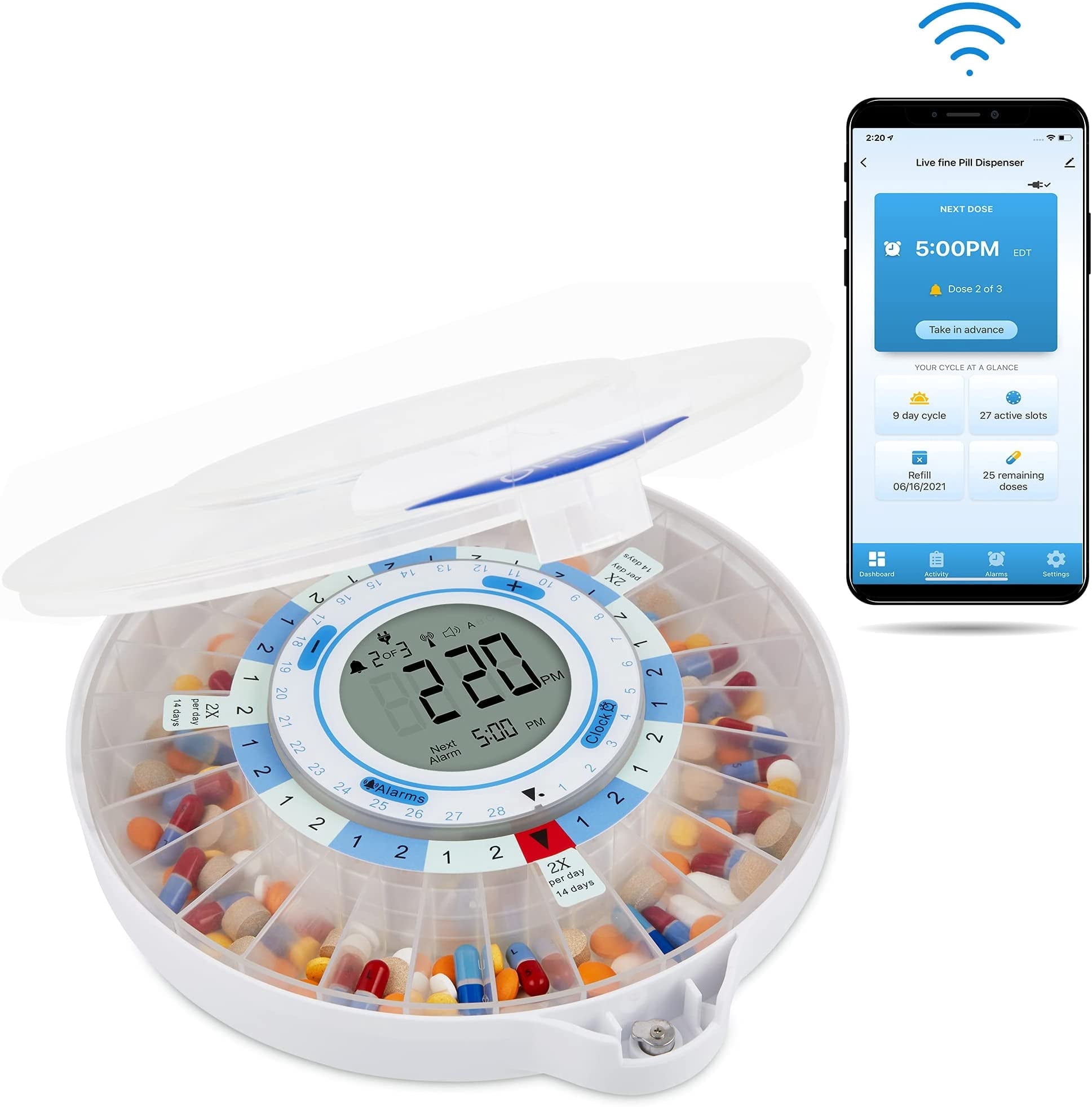 Live Fine Smart Automatic Wifi Pill Dispenser Pill Organizer, Frosted