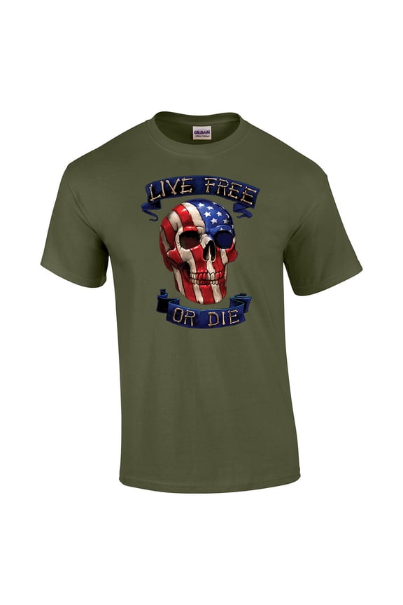 Live Free Or Die American Flag Skull Adult Short Sleeve T-shirt-Military-Large
