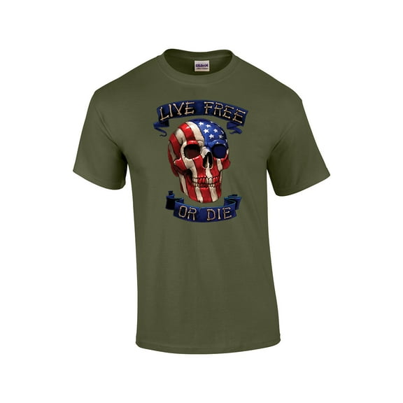 Live Free Or Die American Flag Skull Adult Short Sleeve T-shirt-Military-XXXL