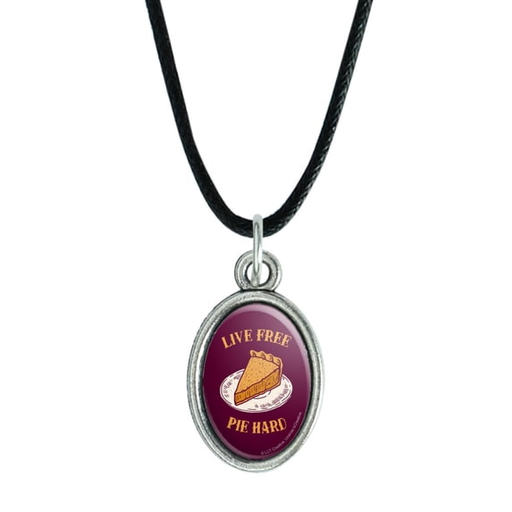 Live Free Pie Hard Funny Humor Antiqued Oval Charm Pendant with Black Satin Cord