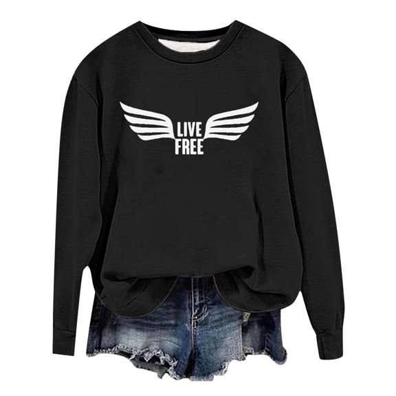 Live Free Sweatshirts for Women Freedom Letter Print Classic Fit Pullover Long Sleeve Crew Neck Lightweight Tops