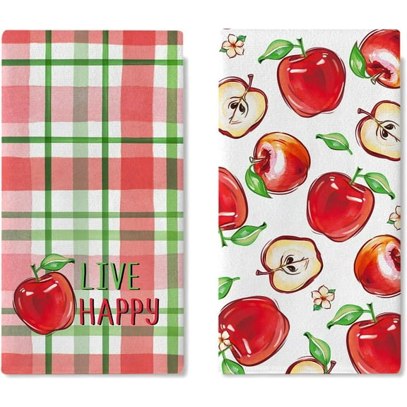 Live Happy Apple Kitchen Dish Towels Set of 2, Sweet Fruit Drying Hand Towels Baking Cooking Cloth, Spring Summer Red Plaid Farmhouse Home Kitchen Decoration 18 x 26 Inch