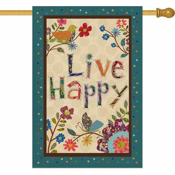 Live Happy Decorative Large House Flag Flower Bird, Spring Summer Inspirational Quote Garden Yard Outdoor Butterfly Decor Double Sided, Fall Positive Farmhouse Outside Burlap Decoration 28 x 40