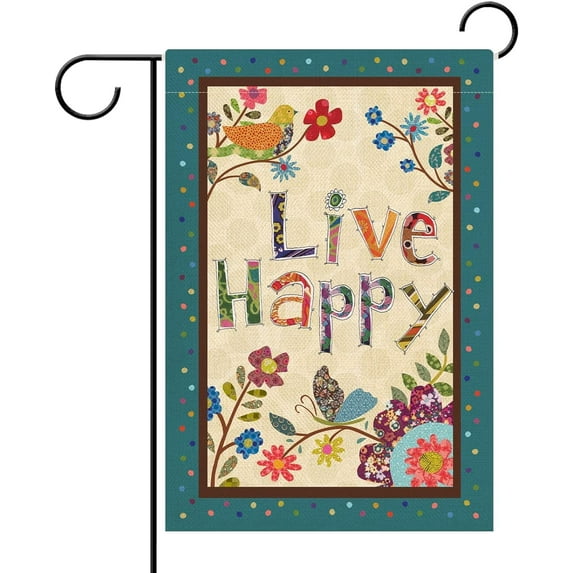 Live Happy Decorative Small Garden Flag Flower Bird, Spring Summer Inspirational Quote House Yard Outdoor Butterfly Floral Decor Double Sided, Fall Positive Farmhouse Outside Decoration 12.5 x 18