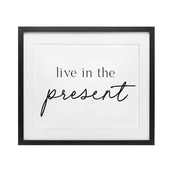 Live In The Present Black Framed Print Under Glass, design by Lettered and Lined