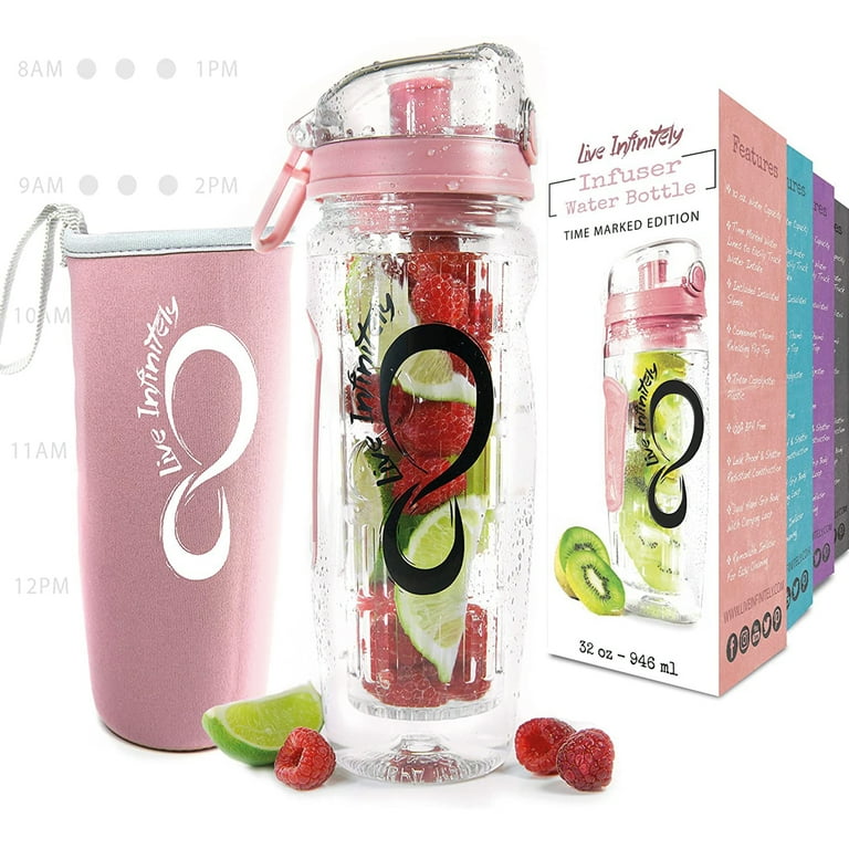 Live Infinitely 32 oz. Fruit Infuser Water Bottles with Time Marker, Insulation Sleeve & Recipe eBook - Fun & Healthy Way to Sta