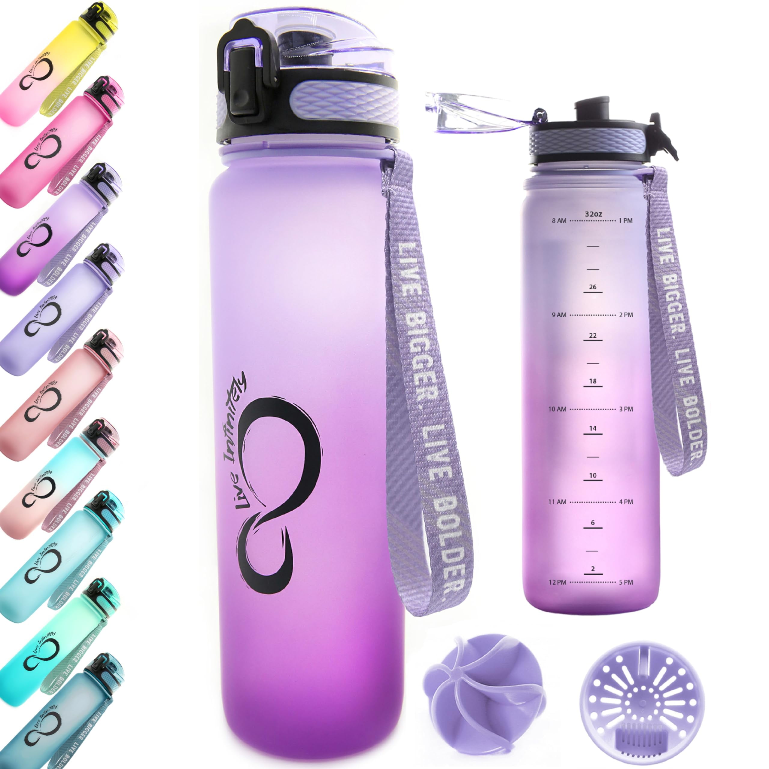 Live Infinitely Gym Water Bottle with Time Marker Fruit Infuser and