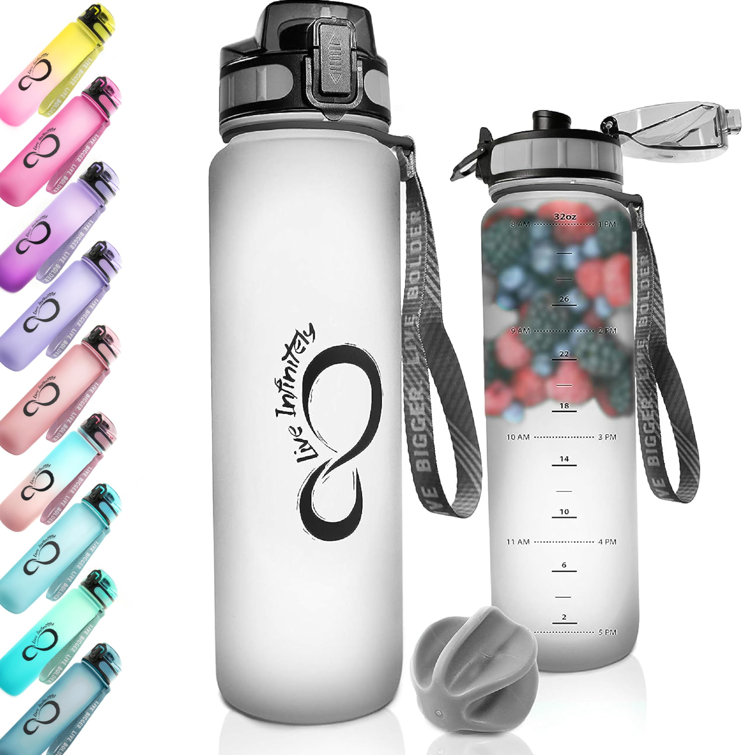 Live Infinitely 34 Oz Gym Water Bottle with Time Marker, Fruit Infuser
