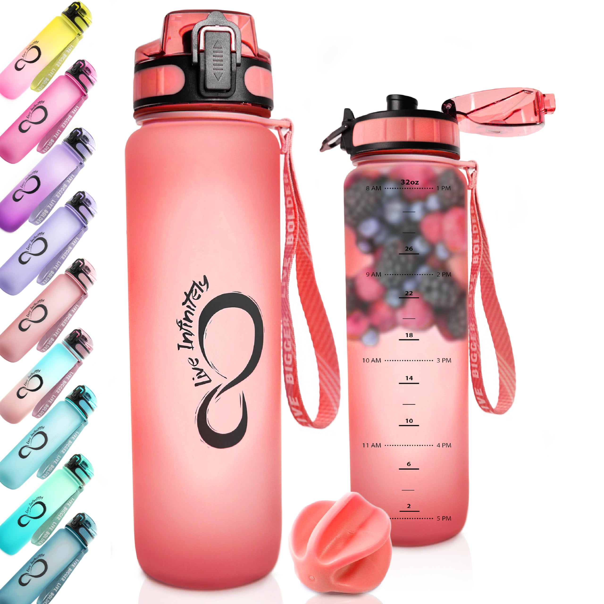 Live Infinitely Gym Water Bottle with Time Marker Fruit Infuser and
