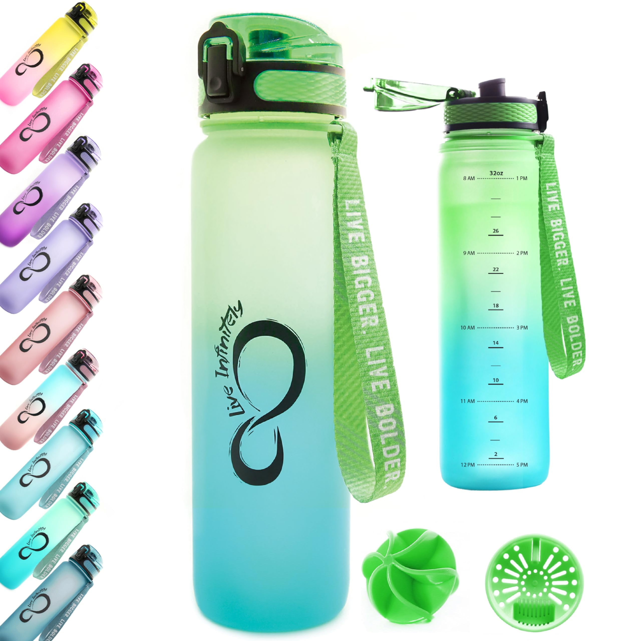 Live Infinitely Gym Water Bottle with Time Marker Fruit Infuser and