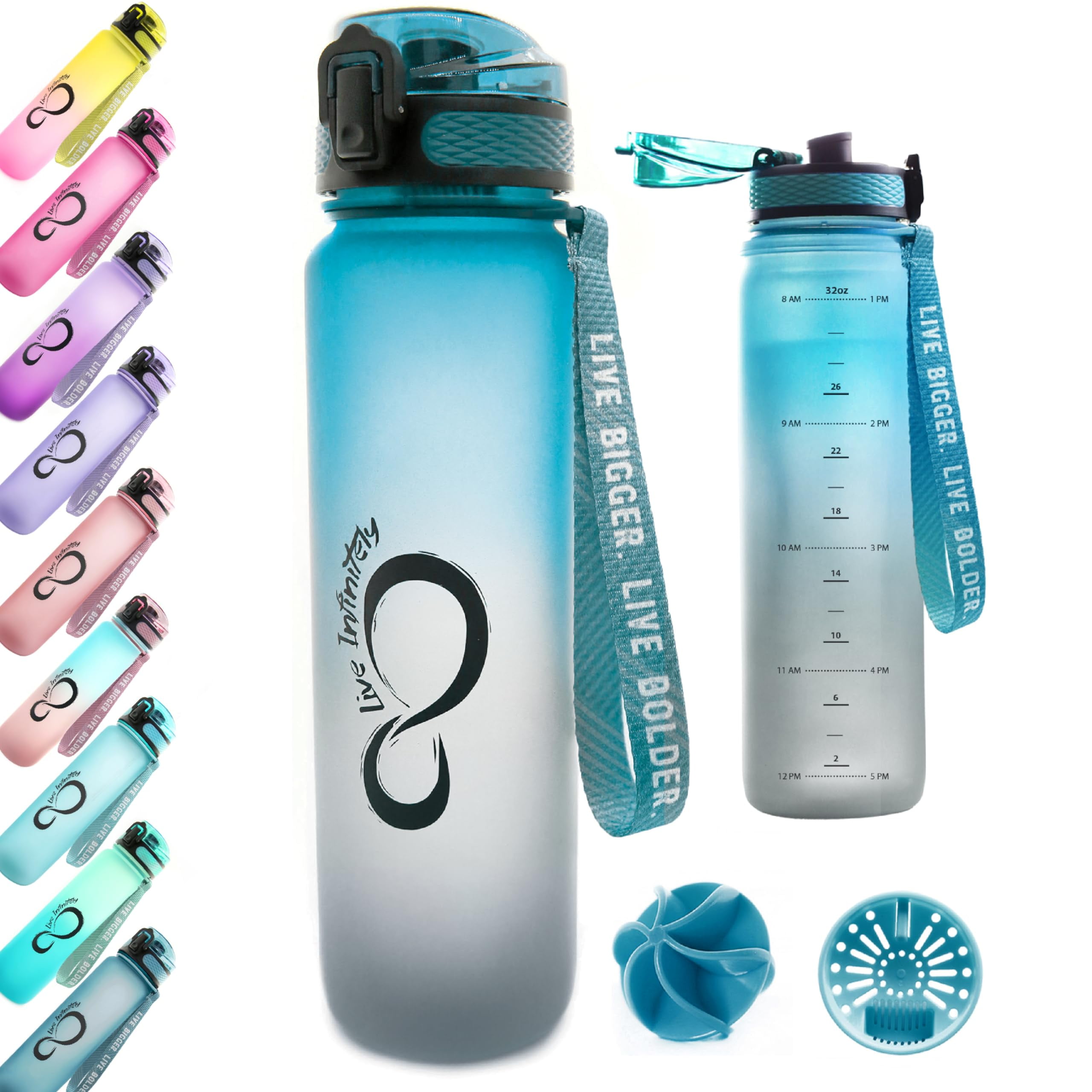 Live Infinitely Gym Water Bottle with Time Marker Fruit Infuser and ...