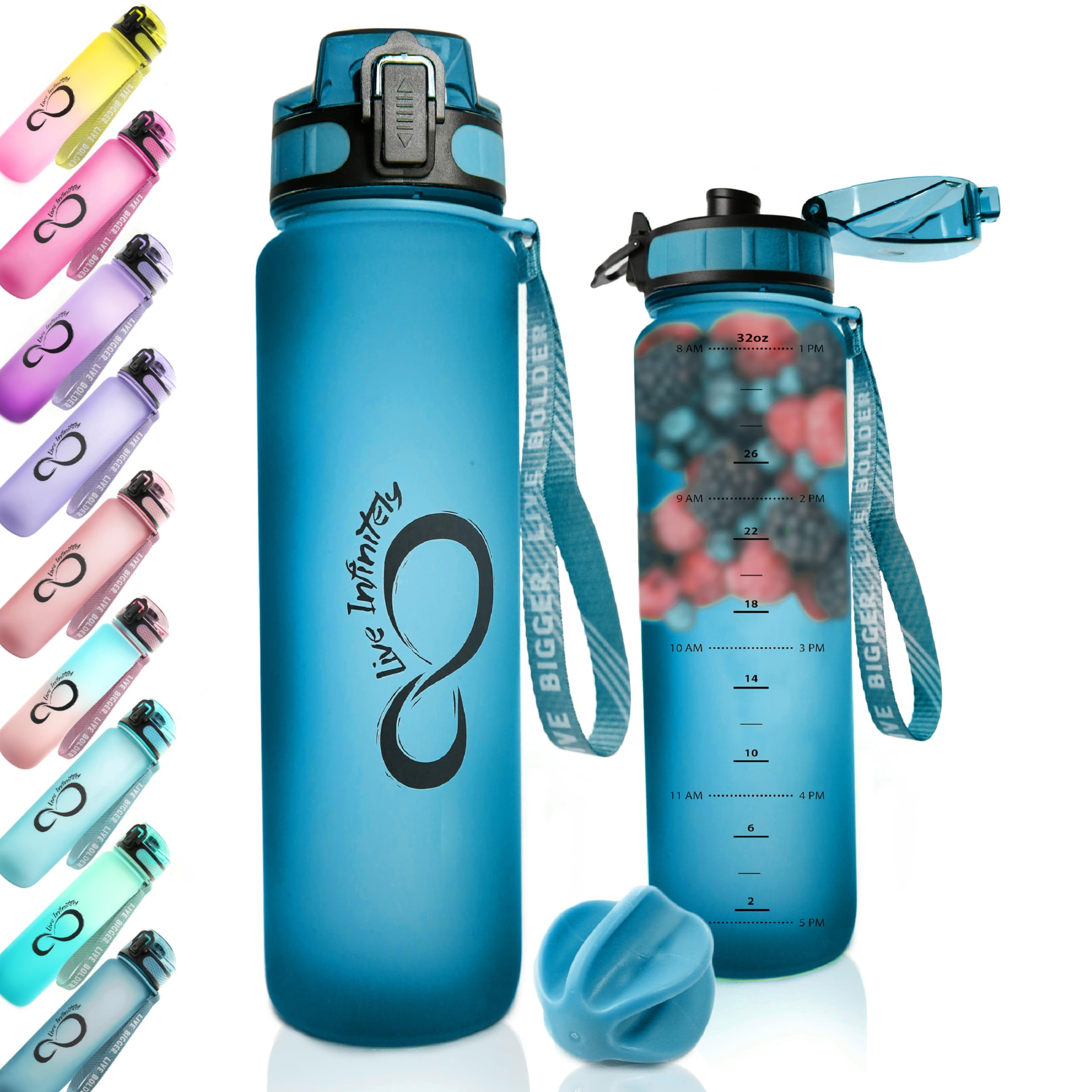 Live Infinitely Gym Water Bottle with Time Marker Fruit Infuser and