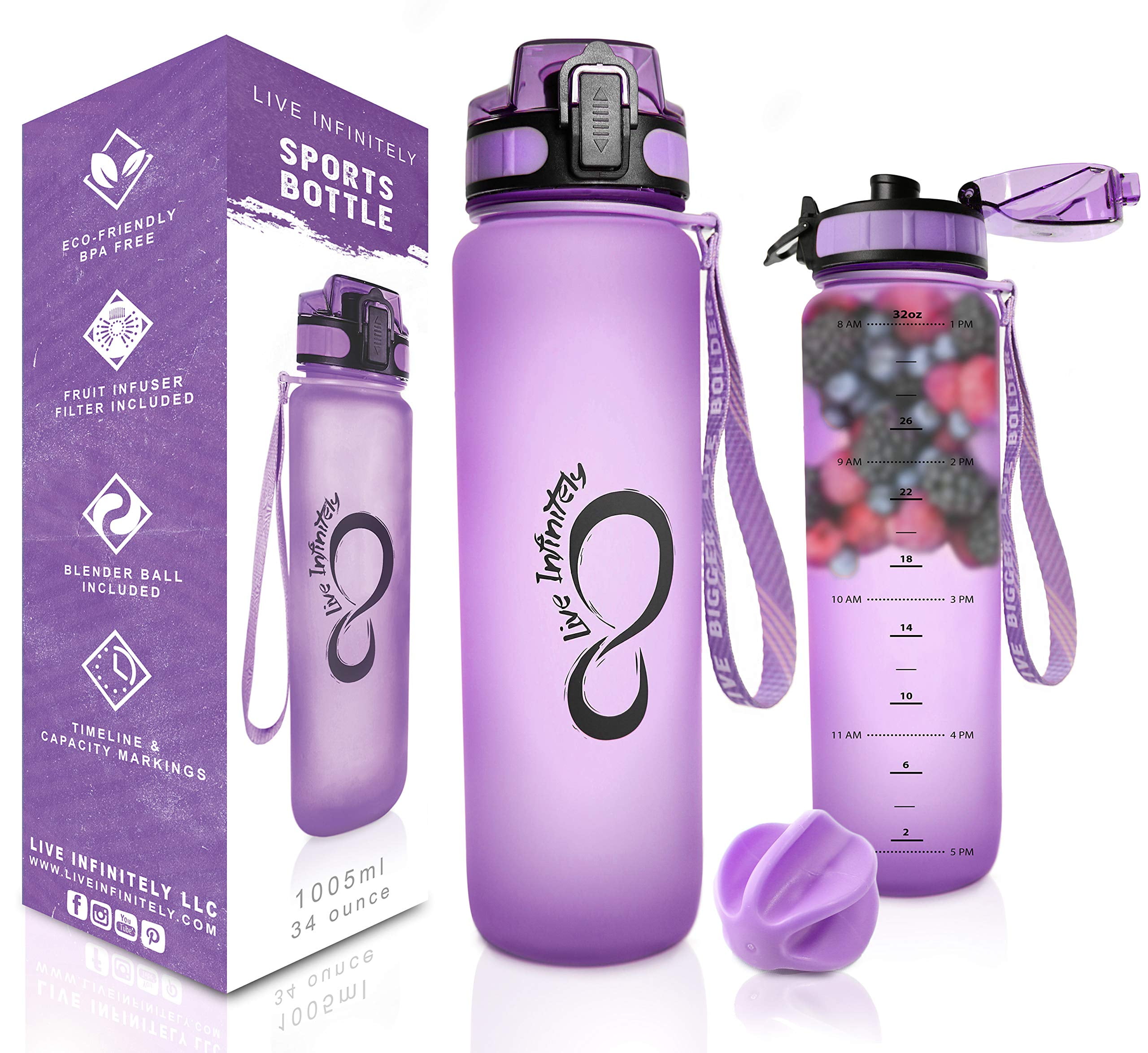 Live Infinitely Gym Water Bottle with Time Marker Fruit Infuser and