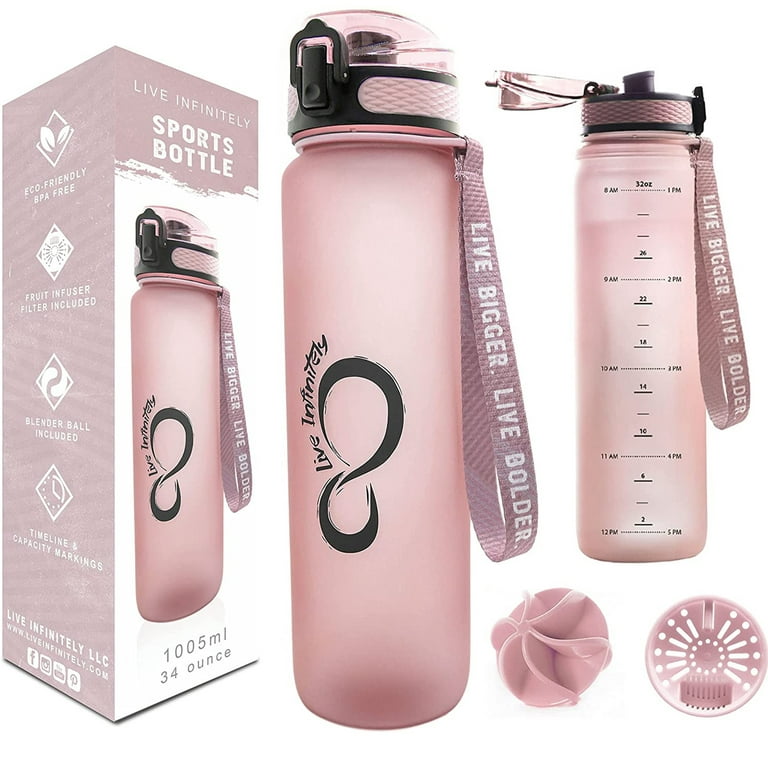 Live Infinitely 34 oz BPA Free Water Bottle with Time Marker, Fruit In