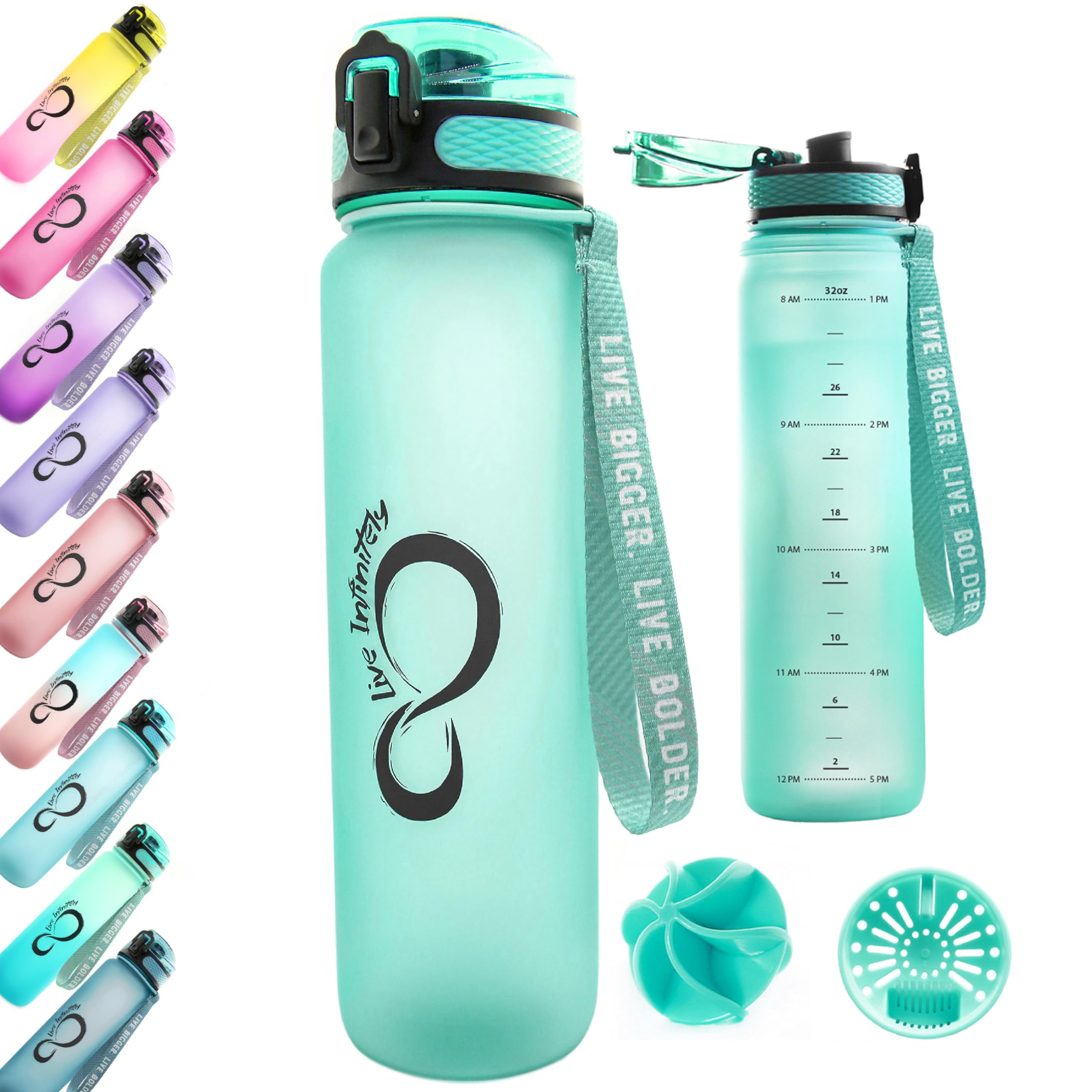 Live Infinitely Gym Water Bottle, 34oz, Time Marker, Fruit Infuser