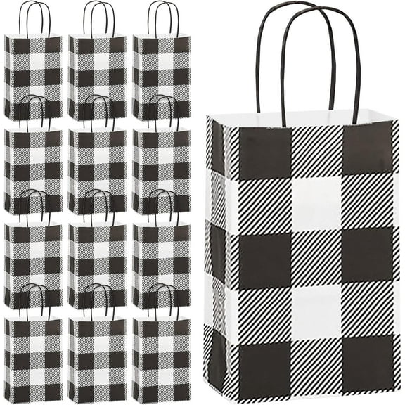 Live It Up! Party Supplies Black & White Buffalo Plaid Fall and Christmas Holiday Paper Gift Bags, Small Size 5.5x3.25x8.5 (12 Pack)