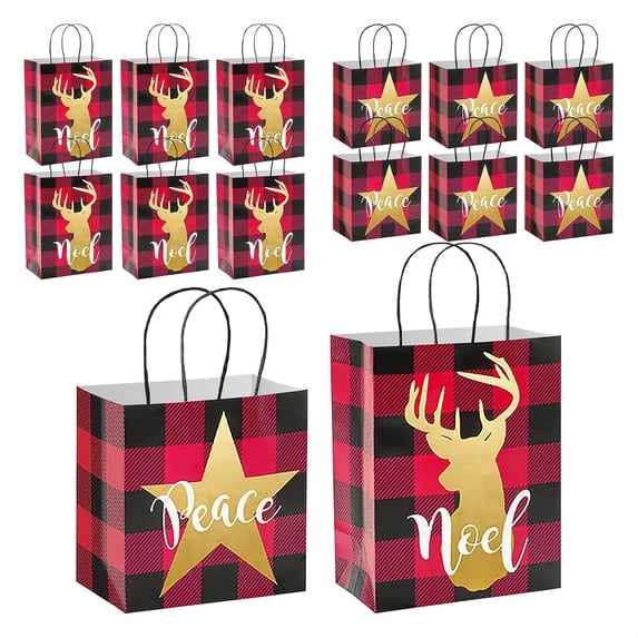 Live It Up! Party Supplies Christmas Holiday Gift Bag Assortment in Red and Black Buffalo Plaid & Gold (Pack of 12)