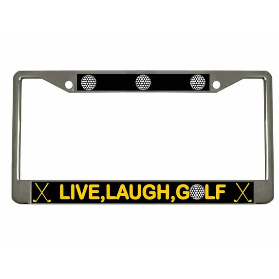 Live, Laugh, Golf Motivational Style Metal License Plate Frame/Car Accessories Car Tag Holder Cover (Chrome/Black/Yellow)