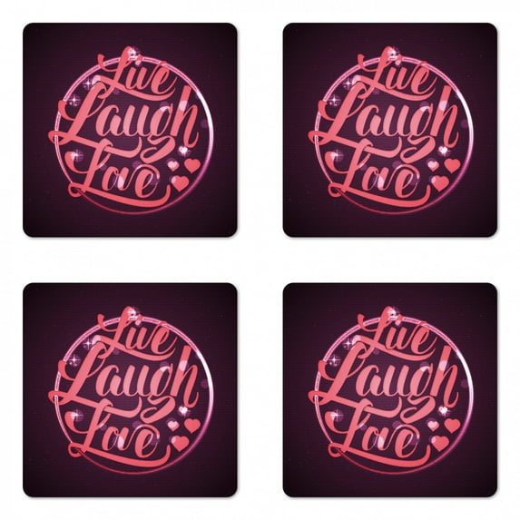 Live Laugh Love Coaster Set of 4, Vibrant Romantic Vintage Stamp Inspired Circle Popular Saying Print, Square Hardboard Gloss Coasters, Standard Size, Coral Plum White, by Ambesonne