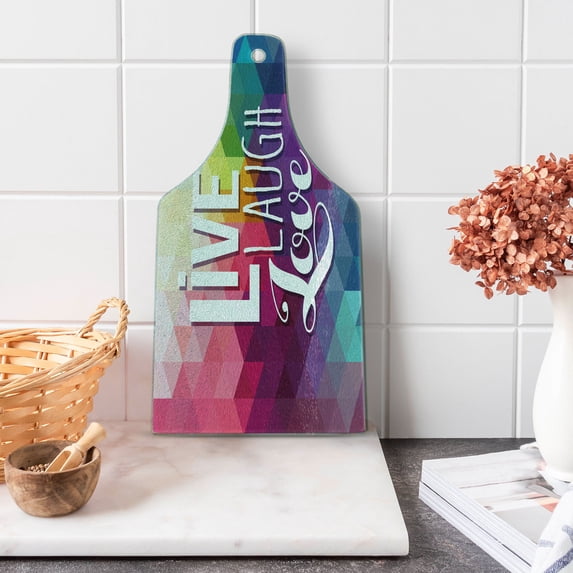 Live Laugh Love Cutting Board, Geometric Colorful Backdrop Polygonal Mosaic Happiness Words Typography, Tempered Glass Cutting and Serving Board, Wine Bottle Shape, Multicolor, by Ambesonne