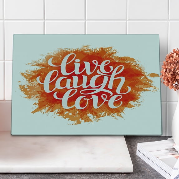 Live Laugh Love Cutting Board, Hand Drawn Style Cheerful Brushstroke Background Motivation Phrase Print, Decorative Tempered Glass Cutting and Serving Board, Large Size, Orange White, by Ambesonne